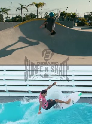 imagem de um homem praticando surf e skate